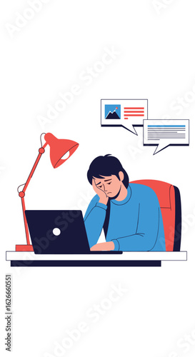 Student struggling with online learning feeling overwhelmed and tired at the desk with a laptop