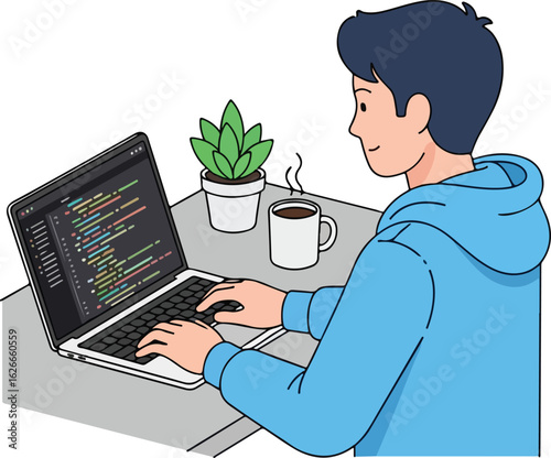 Coder at Work: Illustration of Programmer with Laptop