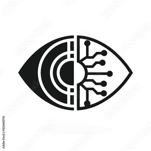 Black and white cybernetic eye symbol with circuit board and natural eye halves vision technology