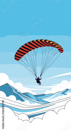 Majestic paragliding adventure over snowy mountain peaks under a bright blue sky