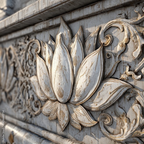 Intricate bas-relief carving of a lotus flower on a light gray stone structure. Detailed floral design with ornate scrollwork