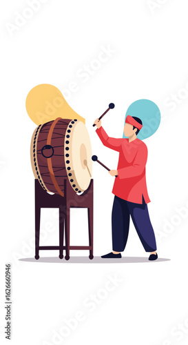 Musician playing a large drum with sticks celebrating a cultural event or festival with energetic rhythmic sounds