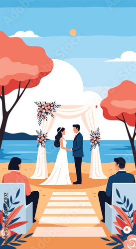 Beautiful beach wedding ceremony with guests witnessing the happy couple exchange vows under an archway