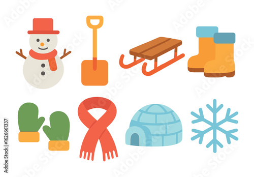 Winter Fun Icons. Flat vector mini-illustrations snow day in colors children's illustrations: snowman, snow