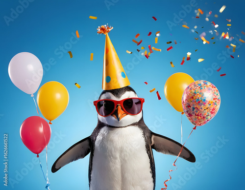 A funny penguin wearing sunglasses holds happy birthday balloons and a confetti explosion, greeting card on a blue background with copy space.