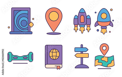 Metaverse Travel Icons. Flat vector mini-illustrations metaverse travel in colors children's illustrations: