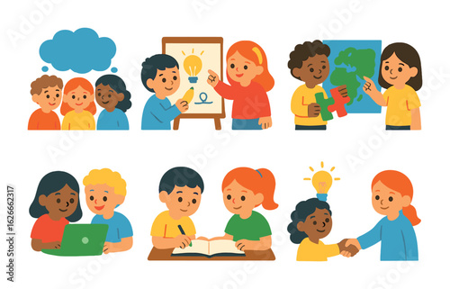 Teamwork in Icons. Flat vector mini-illustrations problem solving together in colors children's illustrations: