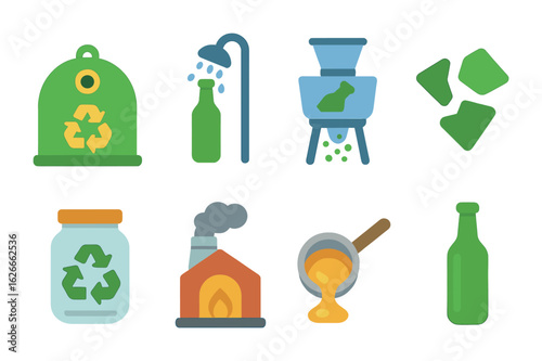 Glass Recycling Steps. Flat vector mini-illustrations glass recycling steps in colors children's illustrations