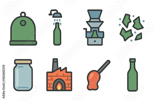 Glass Recycling Steps. Flat vector mini-illustrations glass recycling steps in colors children's illustrations