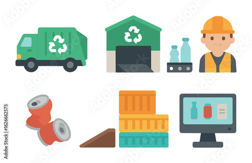 Recycling Truck Scene. Flat vector mini-illustrations recycling truck and depot in colors children's