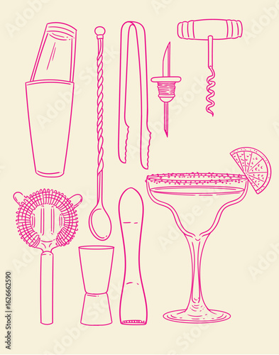 Set of original hand-drawn cocktail illustrations in a minimalist, linear style. Cocktail and alcoholic beverage preparation tools for posters, cards, bartending, bars, cocktails, and graphic design.