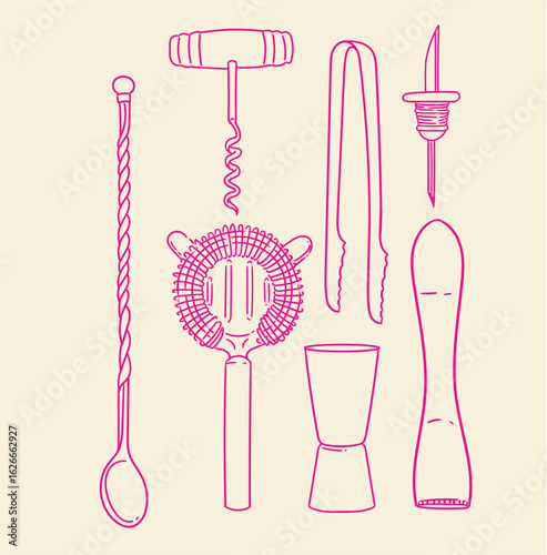 Set of original hand-drawn cocktail illustrations in a minimalist, linear style. Cocktail and alcoholic beverage preparation tools for posters, cards, bartending, bars, cocktails, and graphic design.