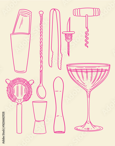 Set of original hand-drawn cocktail illustrations in a minimalist, linear style. Cocktail and alcoholic beverage preparation tools for posters, cards, bartending, bars, cocktails, and graphic design.