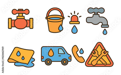 Emergency Plumbing Icons. Flat vector mini-illustrations emergency plumbing in colors children's illustrations