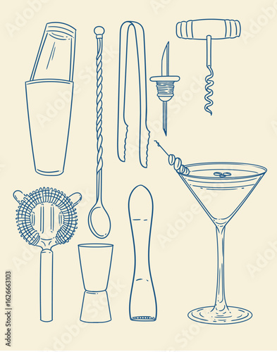 Set of original hand-drawn cocktail illustrations in a minimalist, linear style. Cocktail and alcoholic beverage preparation tools for posters, cards, bartending, bars, cocktails, and graphic design.