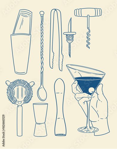 Set of original hand-drawn cocktail illustrations in a minimalist, linear style. Cocktail and alcoholic beverage preparation tools for posters, cards, bartending, bars, cocktails, and graphic design.