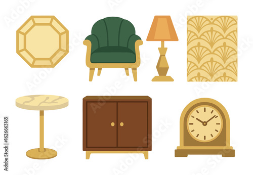 Art Deco Miniatures. Flat vector mini-illustrations art deco revival in colors children's illustrations: