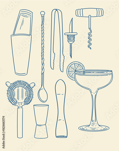Set of original hand-drawn cocktail illustrations in a minimalist, linear style. Cocktail and alcoholic beverage preparation tools for posters, cards, bartending, bars, cocktails, and graphic design.