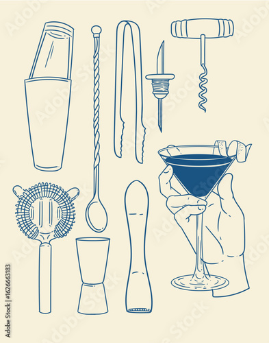 Set of original hand-drawn cocktail illustrations in a minimalist, linear style. Cocktail and alcoholic beverage preparation tools for posters, cards, bartending, bars, cocktails, and graphic design.