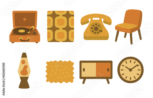 Retro Interior Icons. Flat vector mini-illustrations vintage retro interiors in colors children's