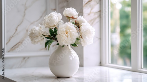 White peonies in vase on marble surface