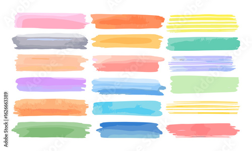 Vibrant watercolor vector stripes collection, artistic hand-painted rectangle streaks, colorful uneven brush strokes, ribbons, bars, lines background. Abstract aquarelle border design