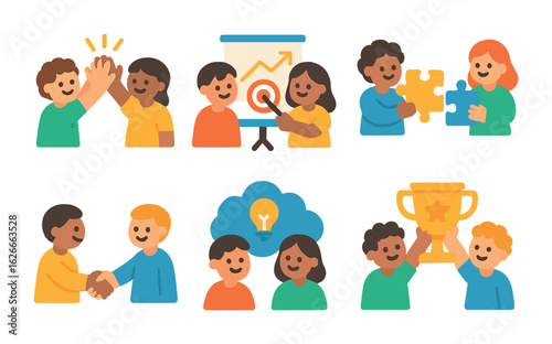 Teamwork Icons Grid. Flat vector mini-illustrations teamwork makes the dream work in colors children's