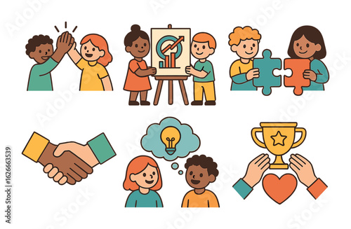 Teamwork Icons Grid. Flat vector mini-illustrations teamwork makes the dream work in colors children's