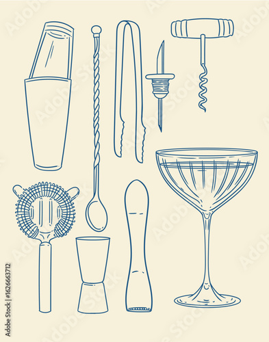 Set of original hand-drawn cocktail illustrations in a minimalist, linear style. Cocktail and alcoholic beverage preparation tools for posters, cards, bartending, bars, cocktails, and graphic design.