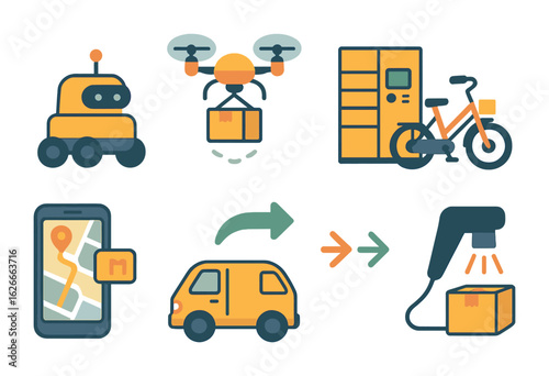 Innovative Delivery Icons. Flat vector mini-illustrations last-mile delivery innovations in colors children's