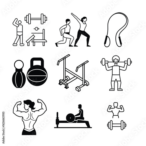Fitness and Gym Icons Set – Workout, Exercise Equipment, and Training Poses