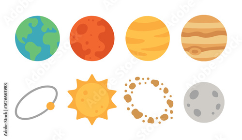 Colorful Solar System Icons. Flat vector mini-illustrations Solar system overview in colors children's