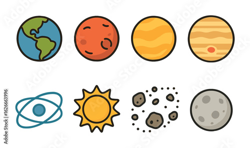 Colorful Solar System Icons. Flat vector mini-illustrations Solar system overview in colors children's