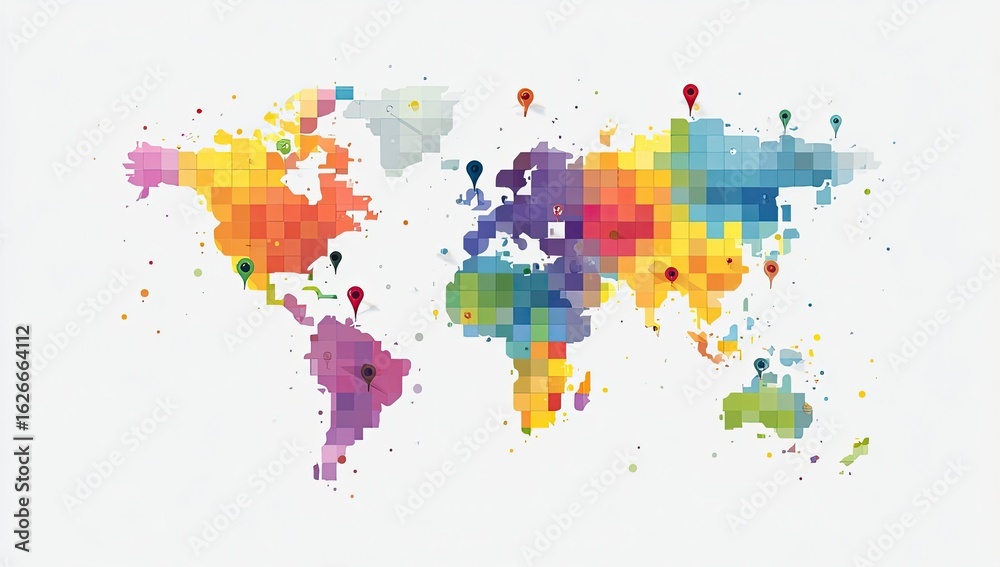 Fototapeta premium Colorful pixelated world map with scattered pinpoints