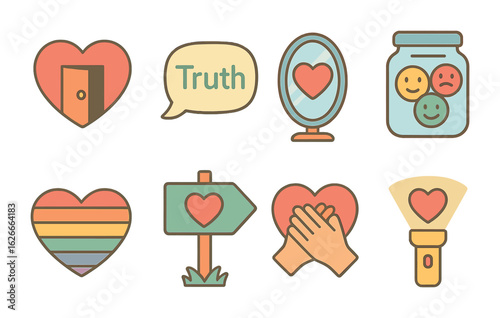 Emotional Honesty Icons. Flat vector mini-illustrations Practicing emotional honesty in colors children's