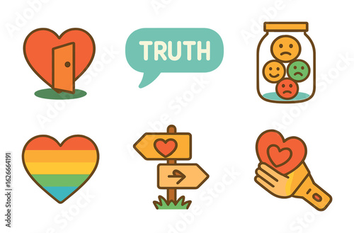 Emotional Honesty Icons. Flat vector mini-illustrations Practicing emotional honesty in colors children's