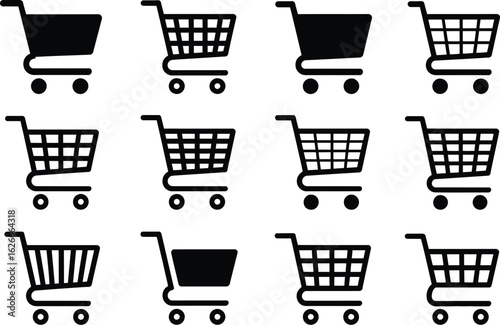 Twelve Shopping Cart Icons Silhouette Set Various Styles for Online Retail Free Vector