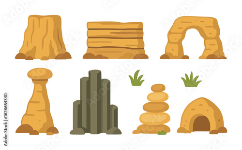 Colorful Rock Formations. Flat vector mini-illustrations Cliffs and rock formations in colors children's
