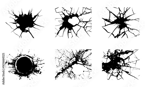 Broken fissure and cracked surface silhouettes, shattered glass burst, explosion impact damage, jagged fracture scratches, abstract grunge distress holes, rough shattered fractures