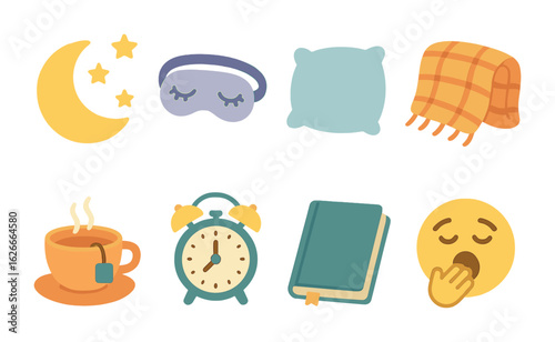 Sleepytime Icons. Flat vector mini-illustrations Sleep and rest routines in colors children's illustrations: