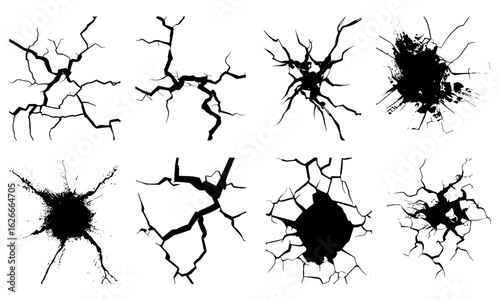 Grunge cracked surface silhouettes, fractured explosion impact, shattered glass burst, jagged scratch texture, broken fissure damage, abstract distress holes, sharp fracture vector set
