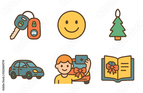 First Car Joy. Flat vector mini-illustrations First car celebration in colors children's illustrations: car