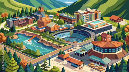 Glenwood Springs unfolds below, a charming town framed by rugged mountains. The vast, steamy hot spring pool glistens like turquoise glass, inviting calm under the golden light of afternoon.