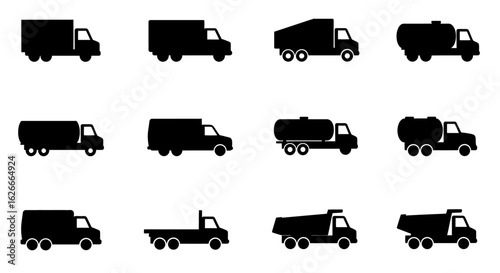 A collection of twelve black truck silhouettes showing various types of commercial vehicles.