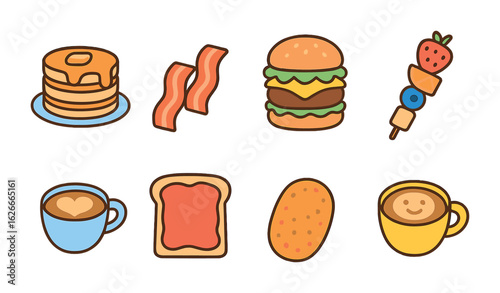 Joyful Brunch Icons. Flat vector mini-illustrations Weekend brunch joy in colors children's illustrations: