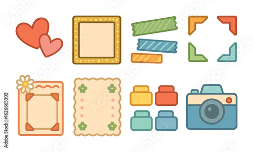Colorful Photo Album Elements. Flat vector mini-illustrations Photo album design elements in colors children's