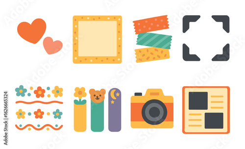 Colorful Photo Album Elements. Flat vector mini-illustrations Photo album design elements in colors children's