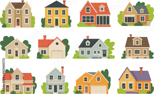 House exterior front view residential town building set
