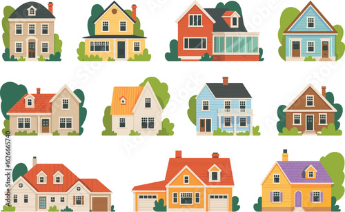House exterior front view residential town building set
