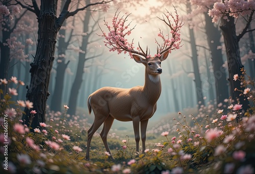 Majestic Deer with Blooming Cherry Blossom Antlers in Enchanted Spring Forest – Wildlife Fantasy Illustration with Dreamy Nature Aesthetic – Generative AI